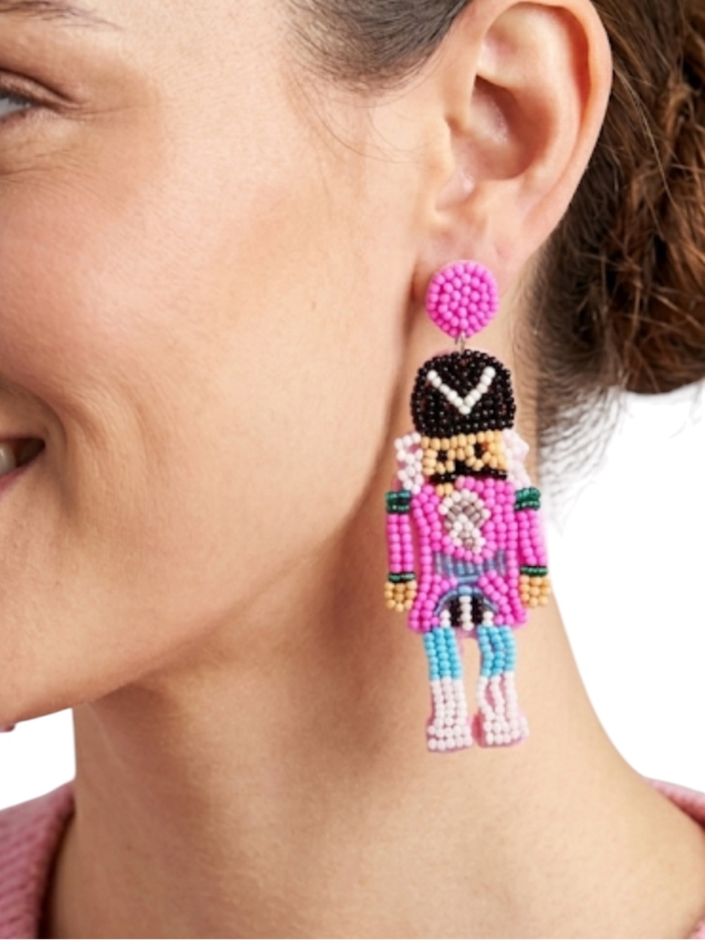 NWT Pink Nutcracker Beaded Drop Earrings Christmas Holiday Statement